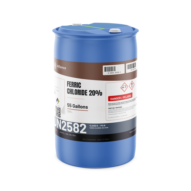 Ferric Chloride 20% Technical Grade liquid in a blue 55-gallon plastic drum from Alliance Chemical