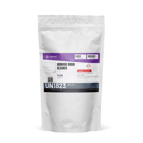 Komodo Drain Cleaner technical grade in a 4-lb resealable pouch for clearing drain blockages from Alliance Chemical