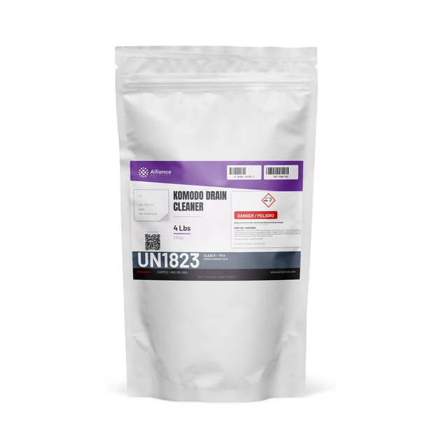 Komodo Drain Cleaner technical grade in a 4-lb resealable pouch for clearing drain blockages from Alliance Chemical