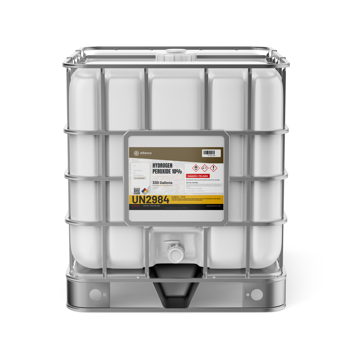 Hydrogen Peroxide 10% ACS Grade in a 330-gallon IBC tote, Alliance Chemical for wafer cleaning and reagent titrations