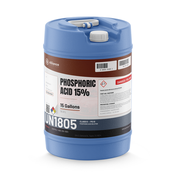 Phosphoric Acid 15% Food Grade in a blue plastic 15-gallon carboy from Alliance Chemical