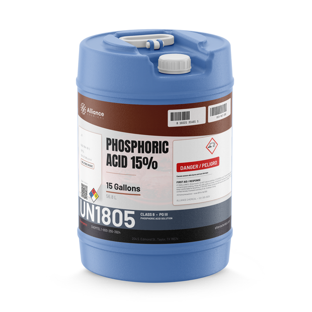 Phosphoric Acid 15% Food Grade in a 15-gallon blue plastic carboy, Alliance Chemical