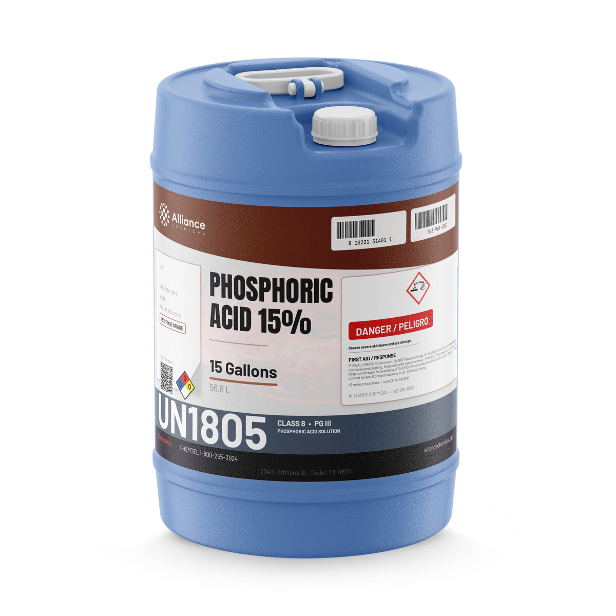 Phosphoric acid 15% Food Grade solution in a blue 15-gallon carboy, Alliance Chemical