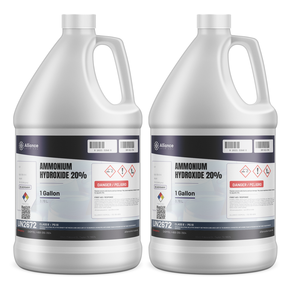 Ammonium Hydroxide 20% ACS Reagent Grade in two 1-gallon plastic jugs from Alliance Chemical