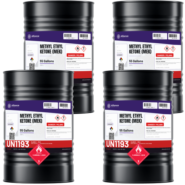 Methyl Ethyl Ketone ACS grade, four 55-gallon steel drums for industrial coatings and surface preparation, Alliance Chemical