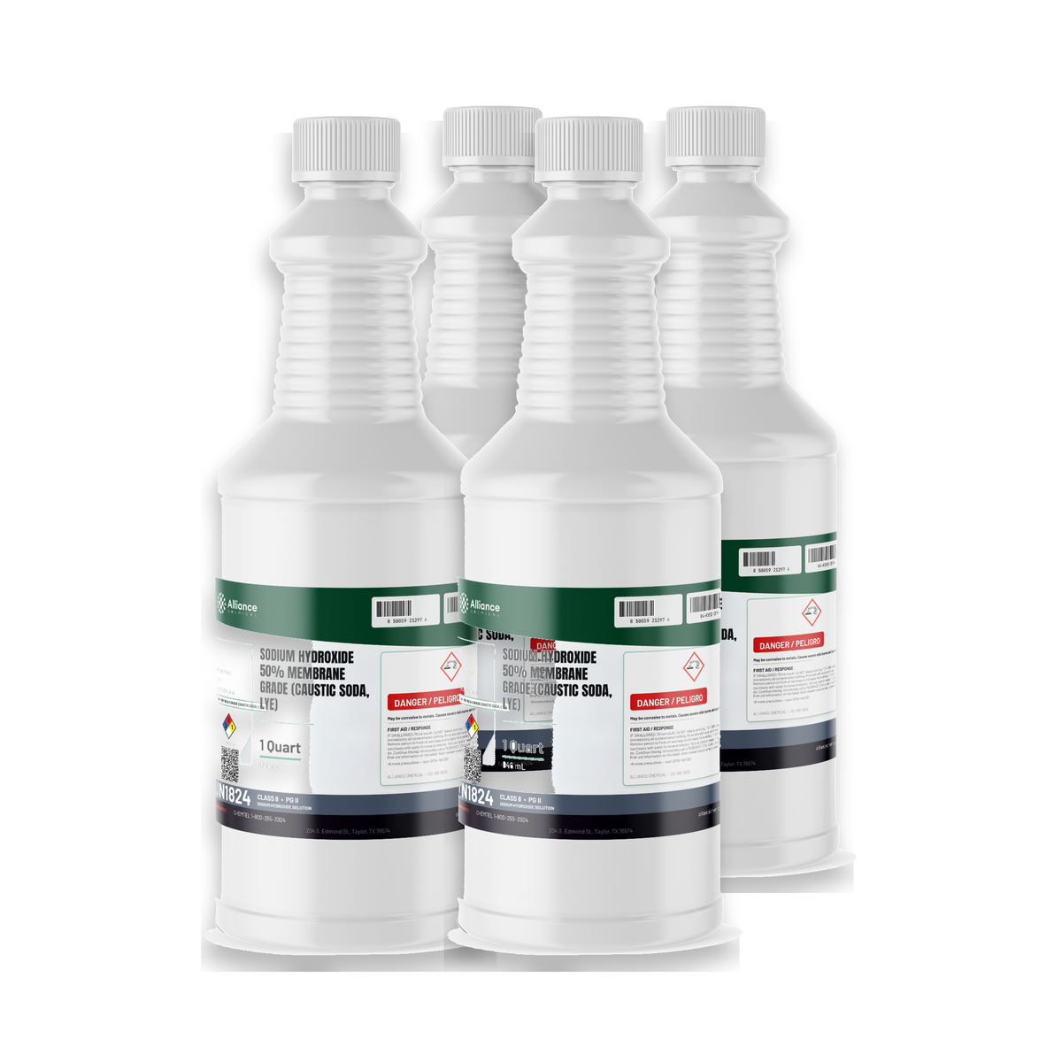Sodium Hydroxide 50% Membrane Grade solution in four 1-quart plastic bottles, Alliance Chemical