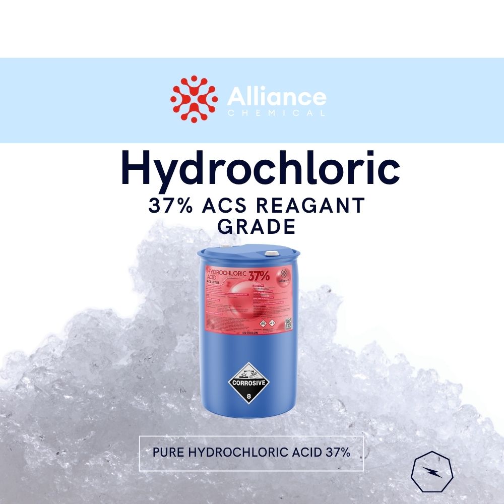 Alliance Chemical hydrochloric acid 37% in blue 5-gallon HDPE pail with corrosive warning label