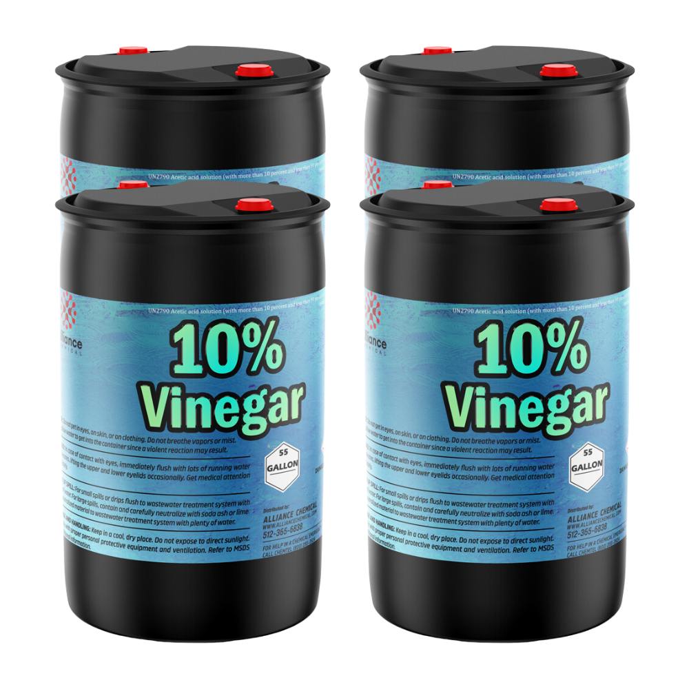 55-gallon industrial-strength 10% vinegar solution in black HDPE drums with UN2790 acetic acid warning labels and red safety caps, 4-drum set.