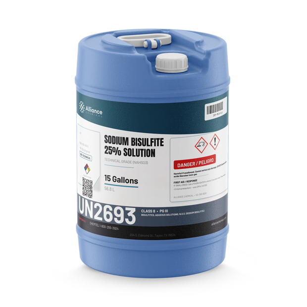Sodium Bisulfite 25% Solution Technical Grade in a blue 15-gallon carboy, Alliance Chemical