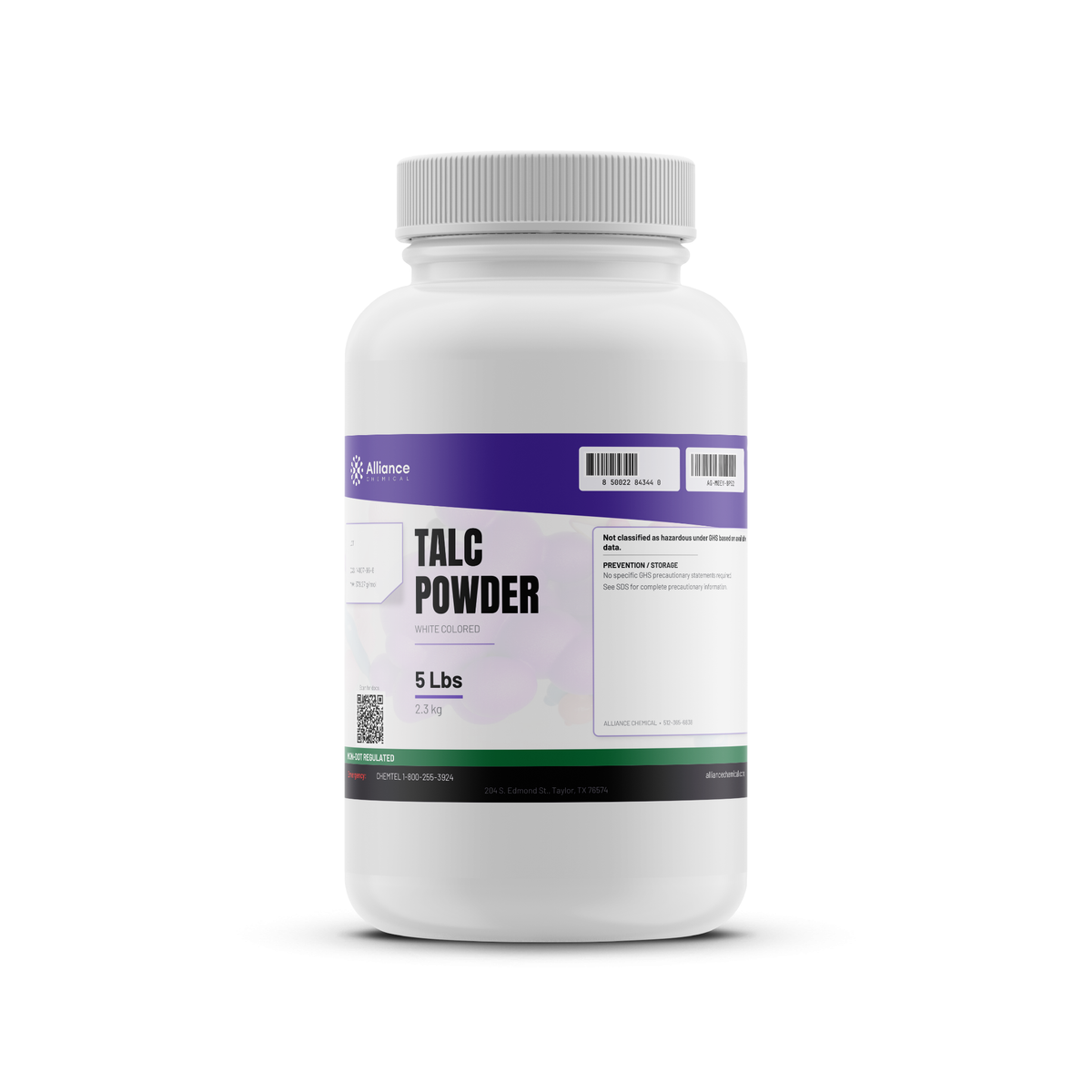Talc powder in a 5-lb plastic bottle from Alliance Chemical for plastics compounding and mold-release lubricant
