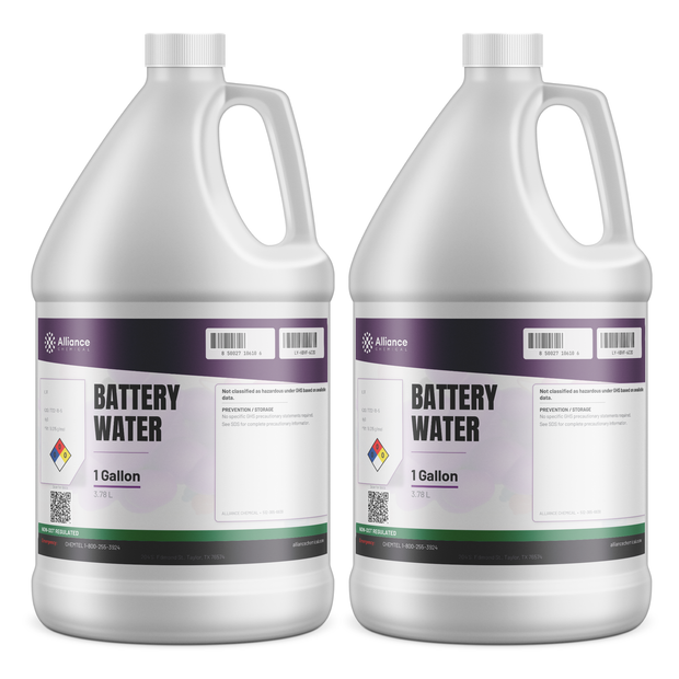 Technical grade deionized battery water in two 1-gallon plastic jugs, Alliance Chemical