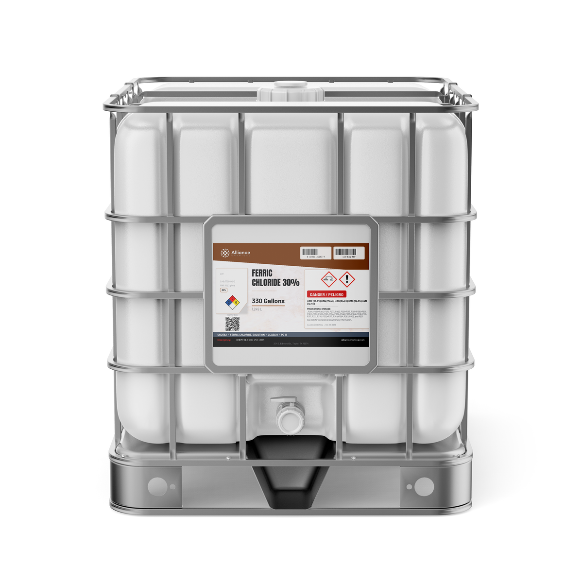 Ferric Chloride 30% Water Treatment Grade in a 330-gallon IBC tote with metal cage from Alliance Chemical