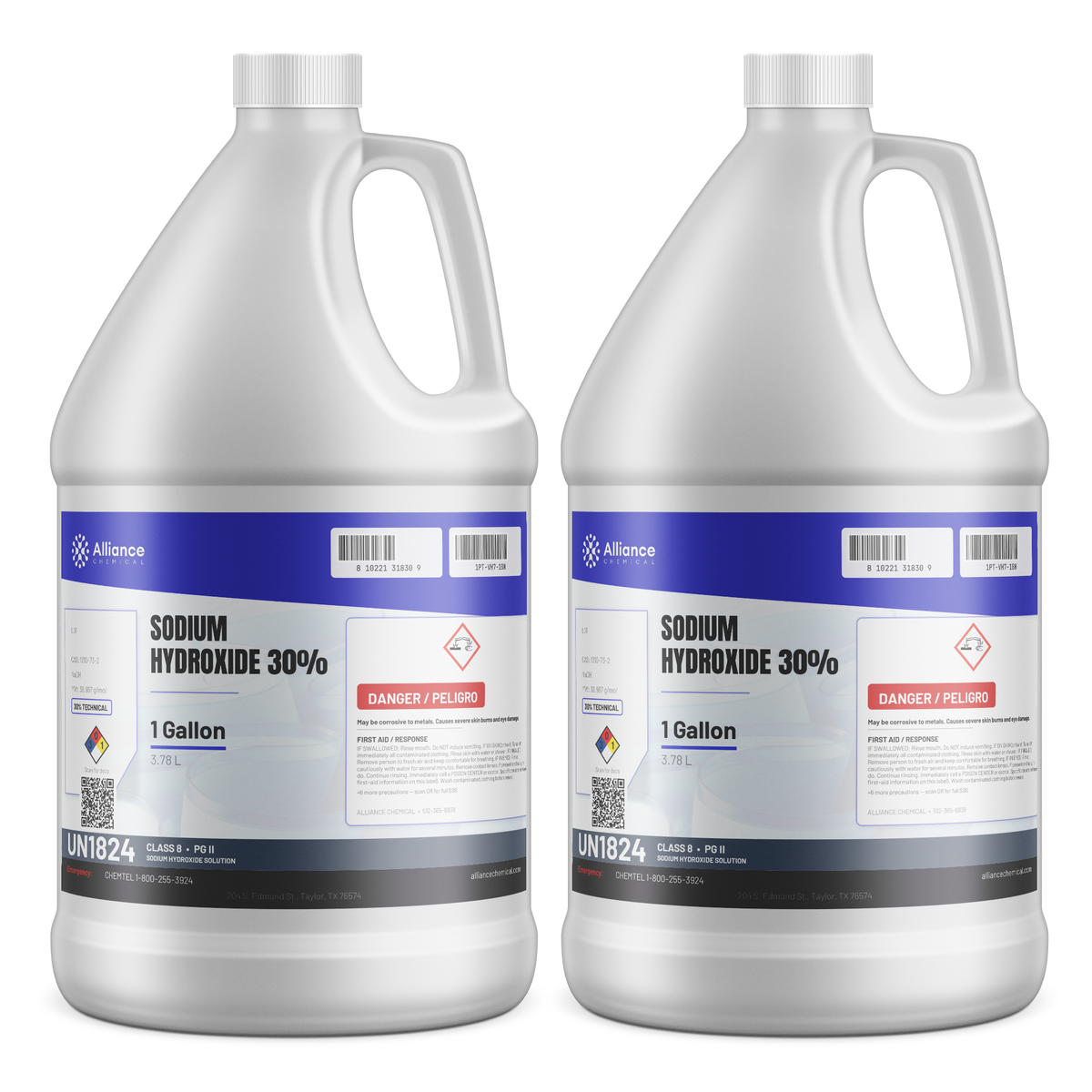 Sodium hydroxide 30% technical grade in two 1-gallon jugs from Alliance Chemical for water treatment
