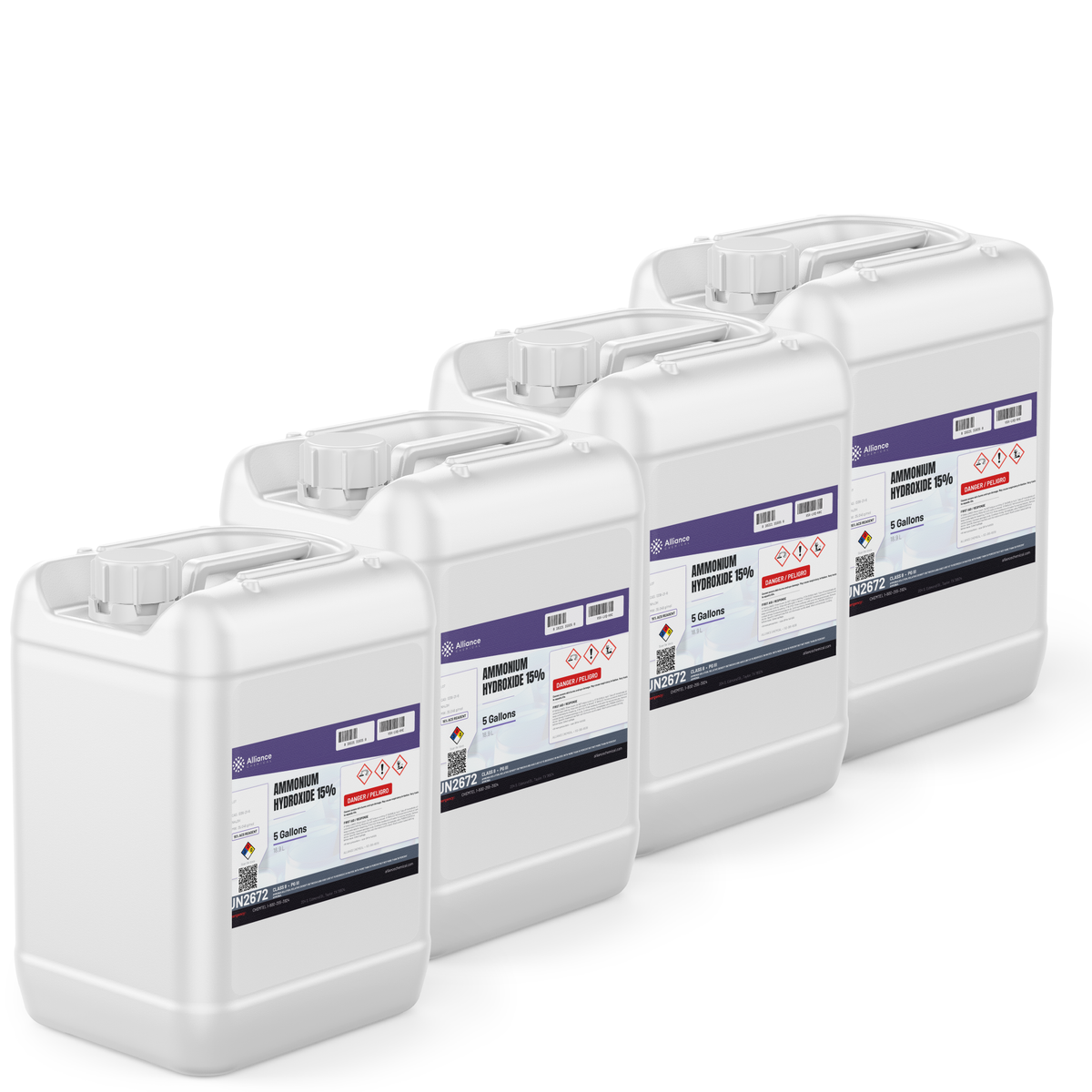 Ammonium Hydroxide 15% ACS Grade in four 5-gallon white plastic pails, Alliance Chemical