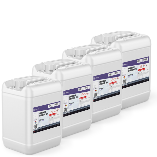 Ammonium Hydroxide 15% ACS Grade in four 5-gallon white plastic pails, Alliance Chemical