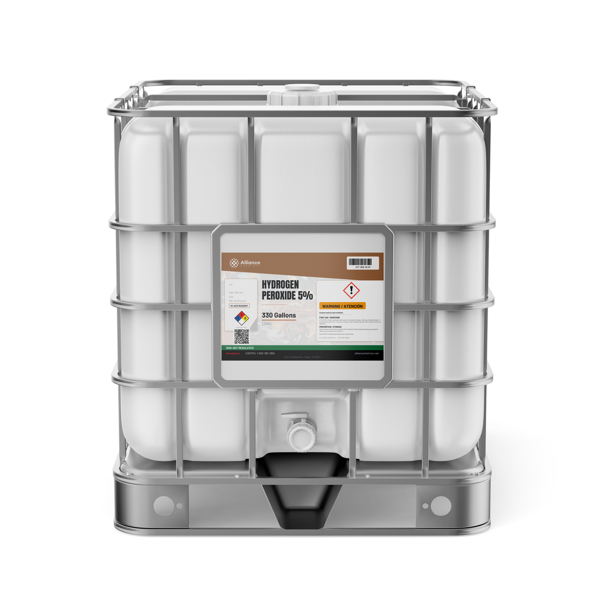Hydrogen Peroxide 5% ACS Grade in a 330-gallon caged plastic IBC tote with metal frame, Alliance Chemical