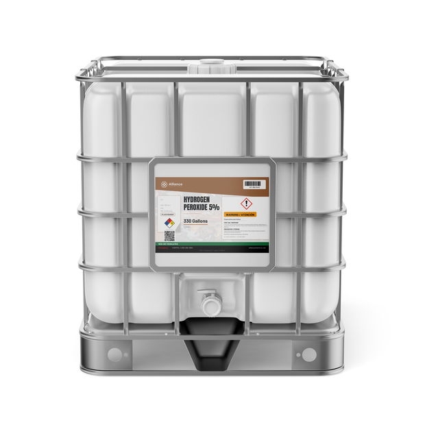 Hydrogen Peroxide 5% ACS Grade in a 330-gallon caged plastic IBC tote with metal frame, Alliance Chemical