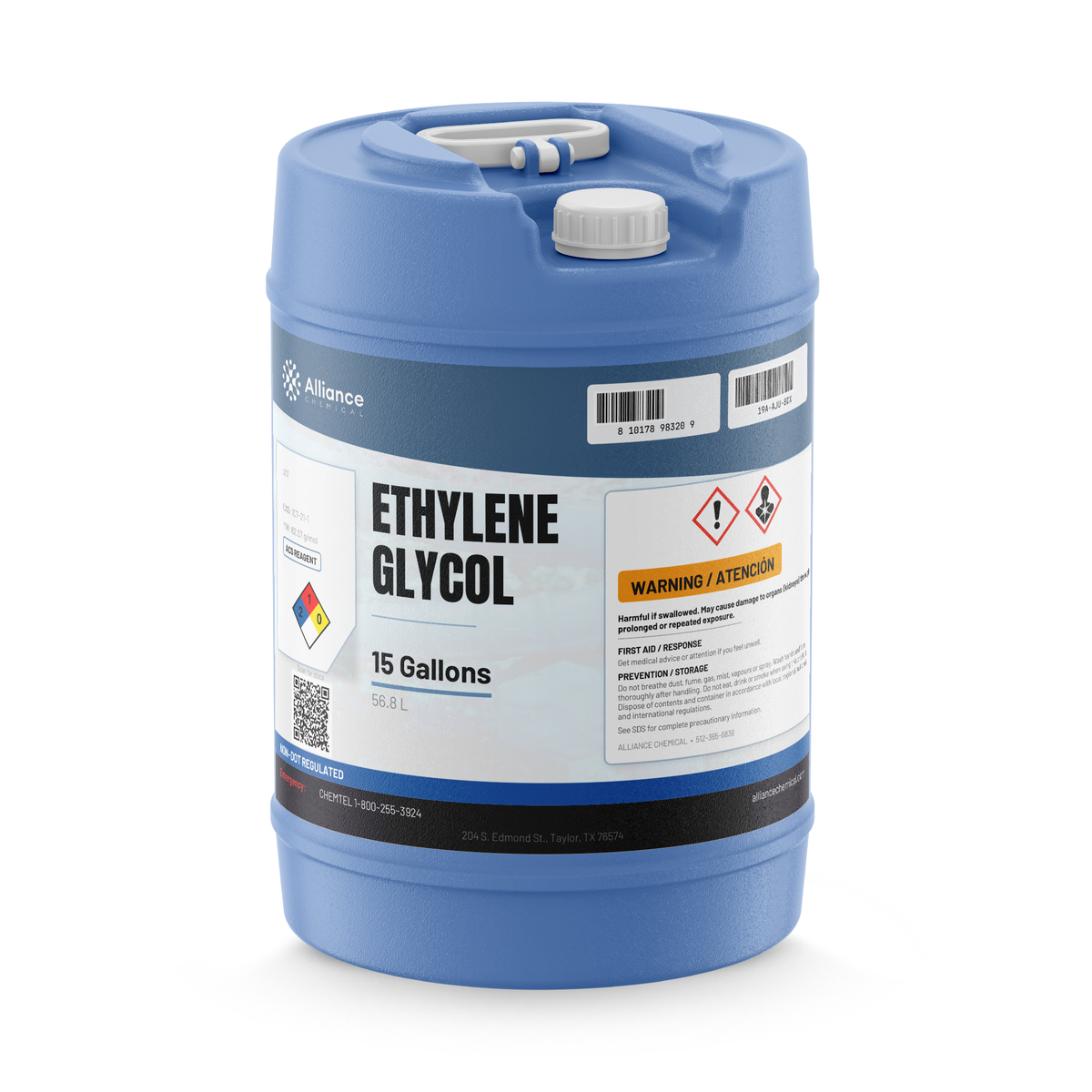 Ethylene Glycol ACS Reagent Grade in a blue plastic 15-gallon carboy, Alliance Chemical