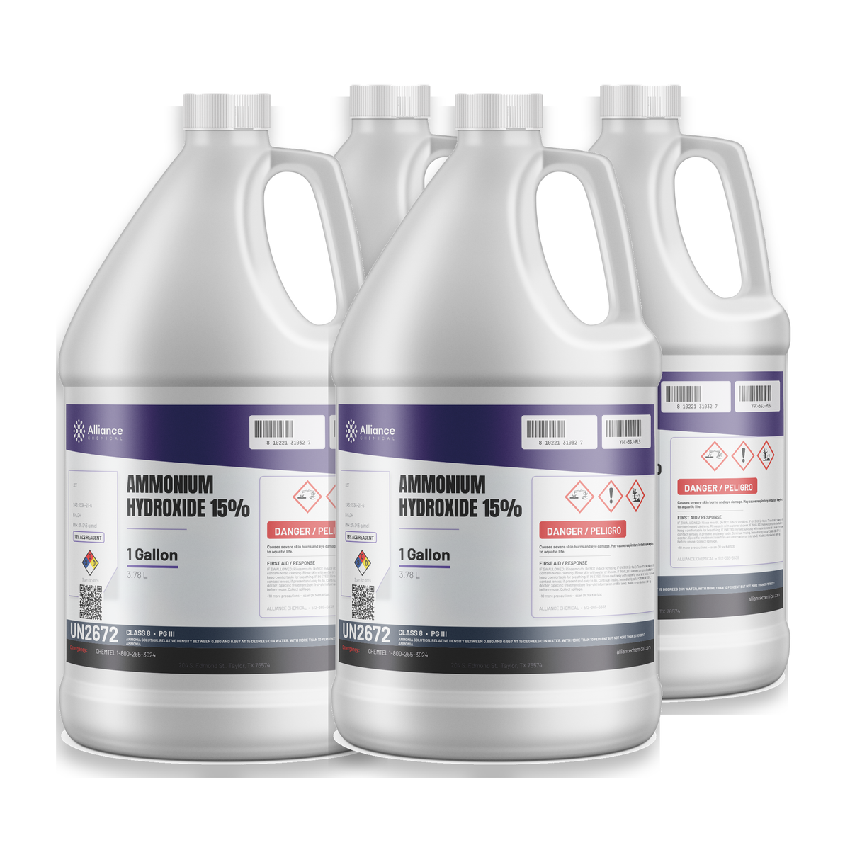Ammonium Hydroxide 15% ACS Reagent Grade in a case of four 1-gallon plastic jugs from Alliance Chemical