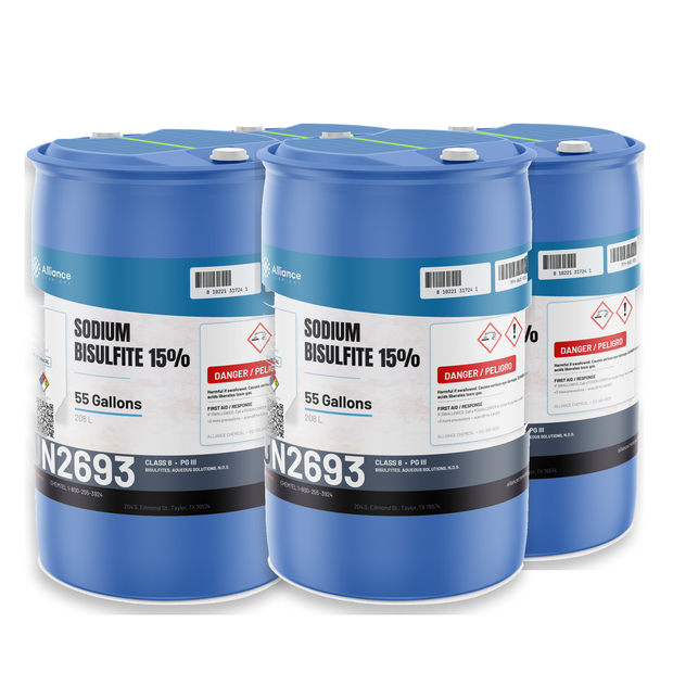 Sodium Bisulfite 15% Technical Grade in four 55-gallon blue plastic drums from Alliance Chemical