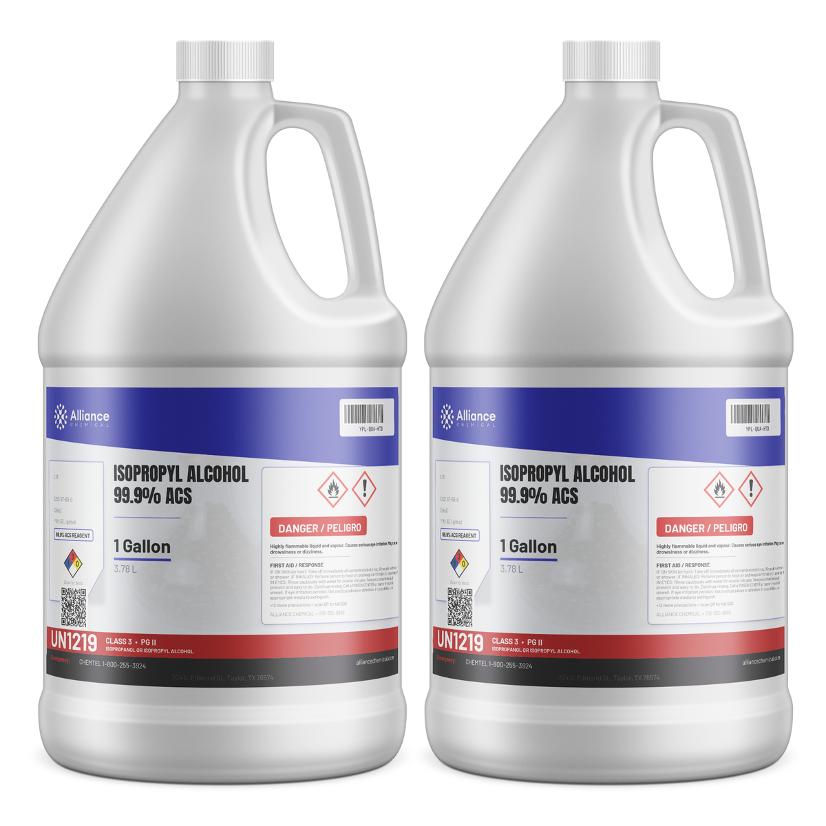 Isopropyl Alcohol 99.9% ACS Reagent Grade, two 1-gallon jugs for precision electronics cleaning, Alliance Chemical