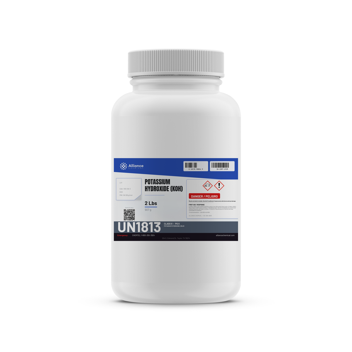 Potassium Hydroxide Technical Grade 2-pound white bottle from Alliance Chemical for chemical manufacturing