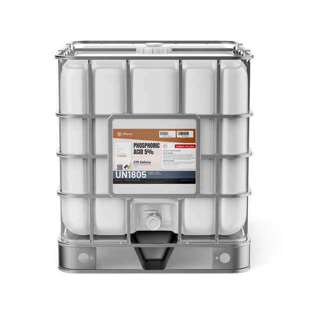 Phosphoric Acid 5% Food Grade liquid in a caged 275-gallon IBC tote from Alliance Chemical