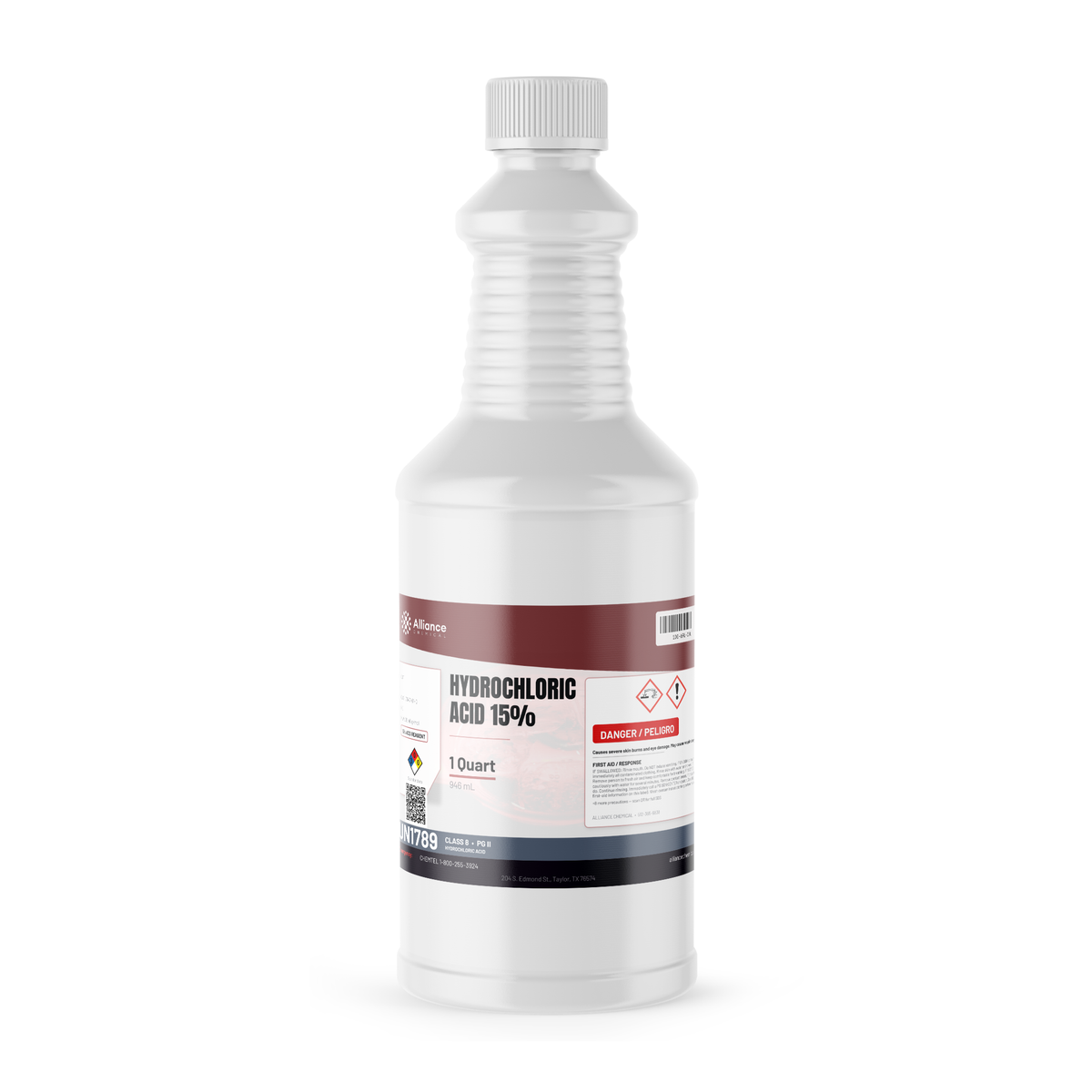 Hydrochloric Acid 15% ACS Reagent Grade 1-quart white plastic bottle from Alliance Chemical