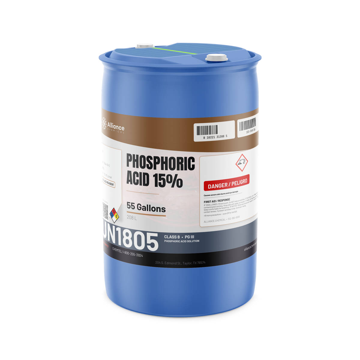 Phosphoric Acid 15% ACS Grade in a 55-gallon blue plastic drum, Alliance Chemical