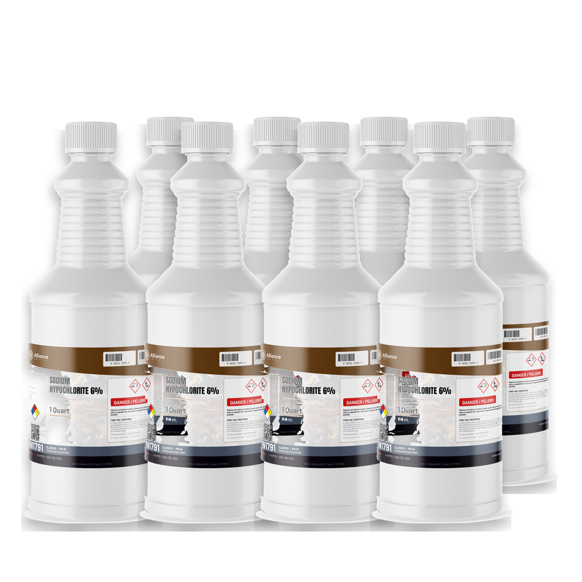 Sodium Hypochlorite 6% technical grade, eight 1-quart bottles, Alliance Chemical for water treatment and janitorial maintenance