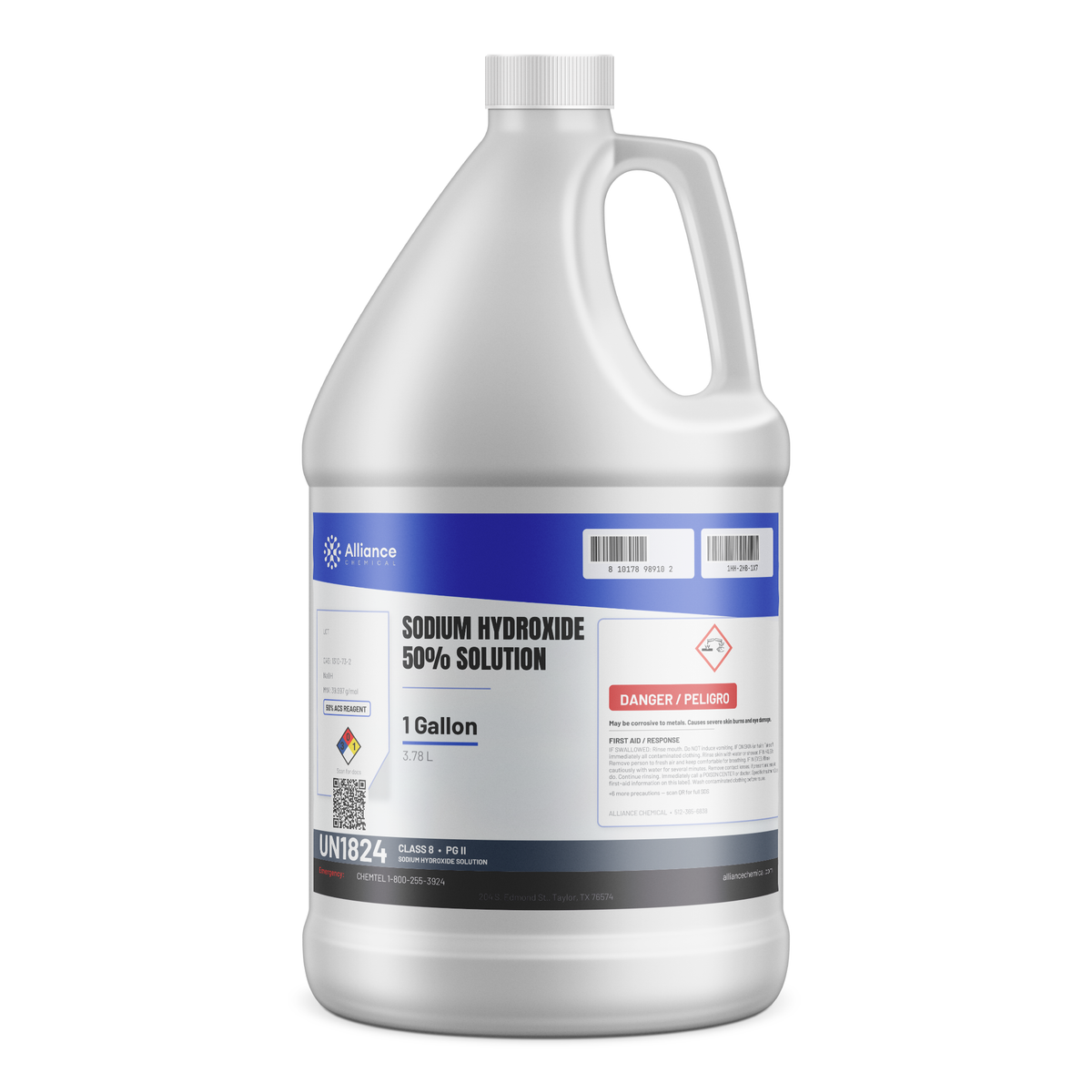 Sodium Hydroxide 50% Solution ACS Grade in a 1-gallon plastic jug for pH neutralization, Alliance Chemical