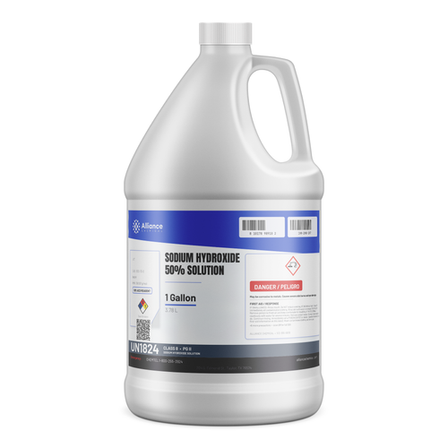 Sodium Hydroxide 50% Solution ACS Grade in a 1-gallon plastic jug for pH neutralization, Alliance Chemical