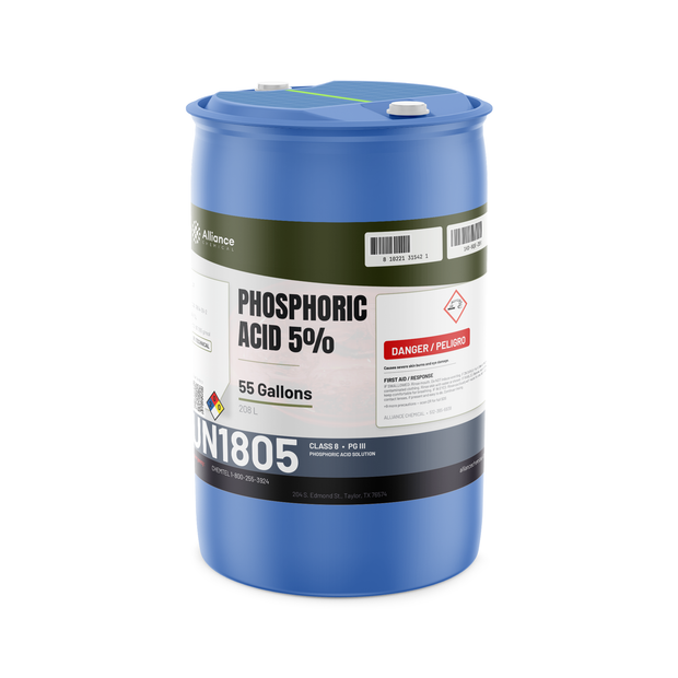 Phosphoric Acid 5% Technical Grade in a blue 55-gallon plastic drum, Alliance Chemical
