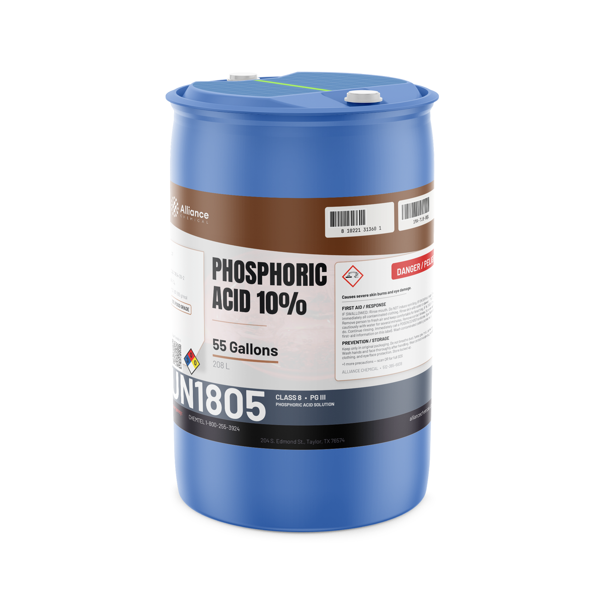 Phosphoric Acid 10% Food Grade in a blue plastic 55-gallon drum from Alliance Chemical