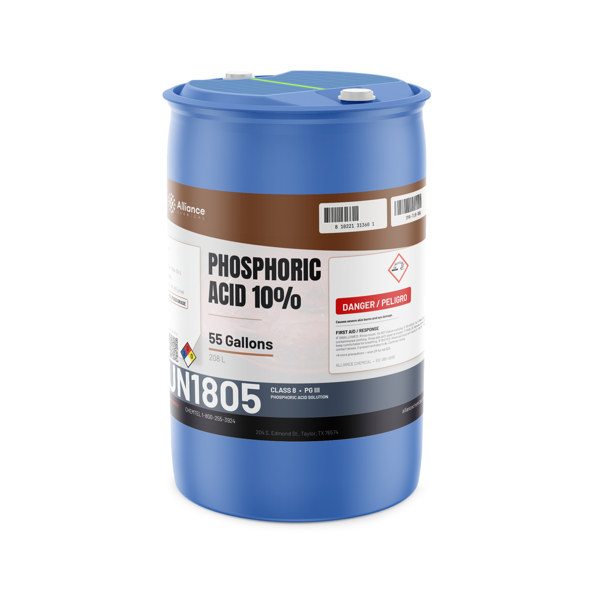 Phosphoric Acid 10% Food Grade in a blue 55-gallon drum for food and beverage processing, Alliance Chemical