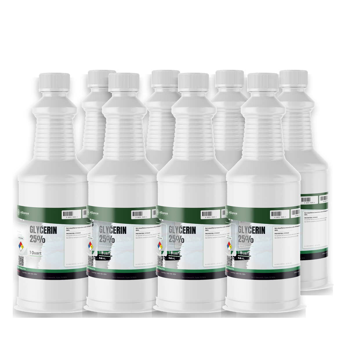 Glycerin 25% Food Grade liquid in a case of eight 1-quart white plastic bottles, Alliance Chemical