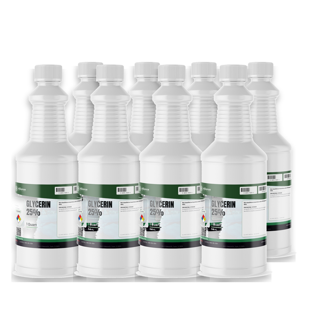Glycerin 25% Food Grade liquid in a case of eight 1-quart white plastic bottles, Alliance Chemical