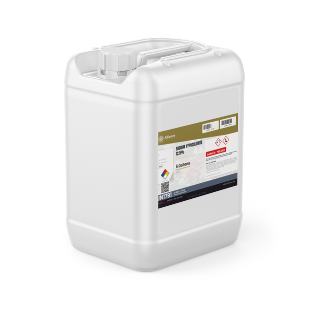 Sodium Hypochlorite 12.5% Water Treatment Grade in a 5-gallon jerry can from Alliance Chemical