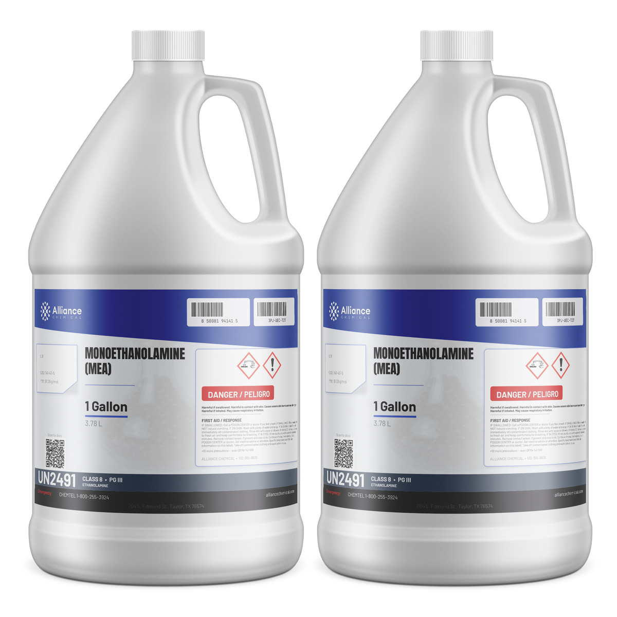 Monoethanolamine Technical Grade in two 1-gallon plastic jugs from Alliance Chemical for acid gas scrubbing