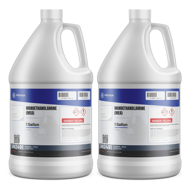 Monoethanolamine Technical Grade in two 1-gallon plastic jugs from Alliance Chemical for acid gas scrubbing