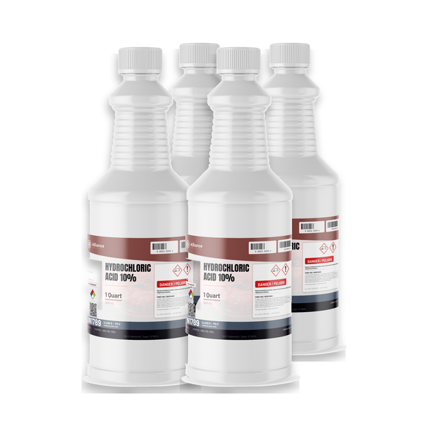 Hydrochloric Acid 10% ACS Grade in four 1-quart plastic bottles, Alliance Chemical