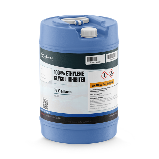 100% inhibited ethylene glycol clear liquid in a blue 15-gallon carboy, Alliance Chemical