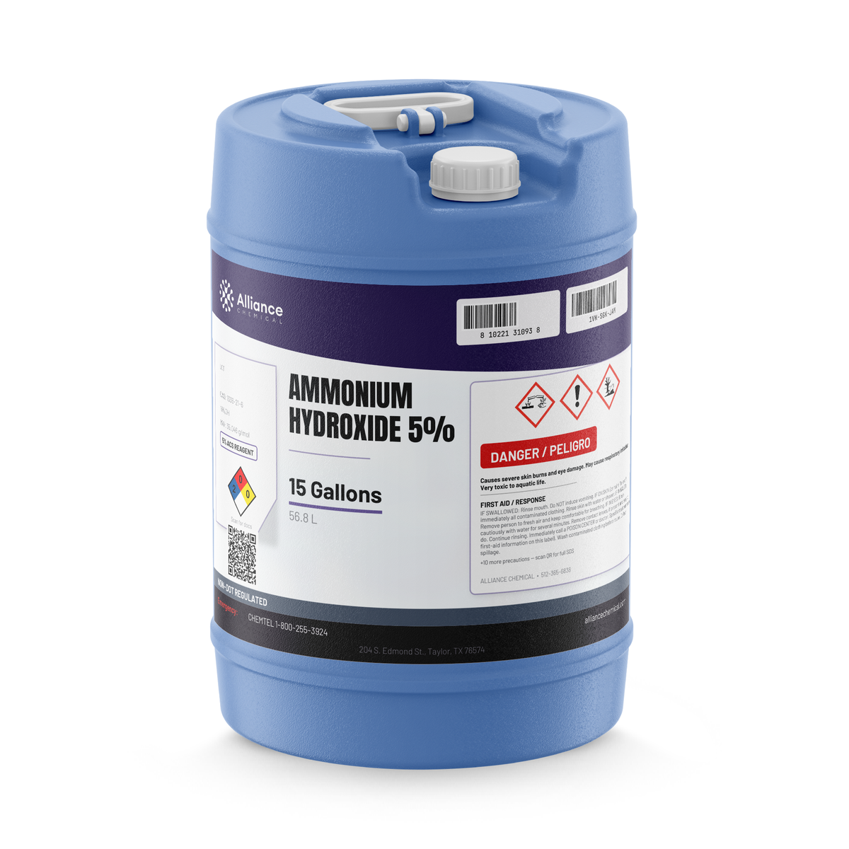 Ammonium Hydroxide 5% ACS Reagent Grade in a 15-gallon blue plastic carboy from Alliance Chemical