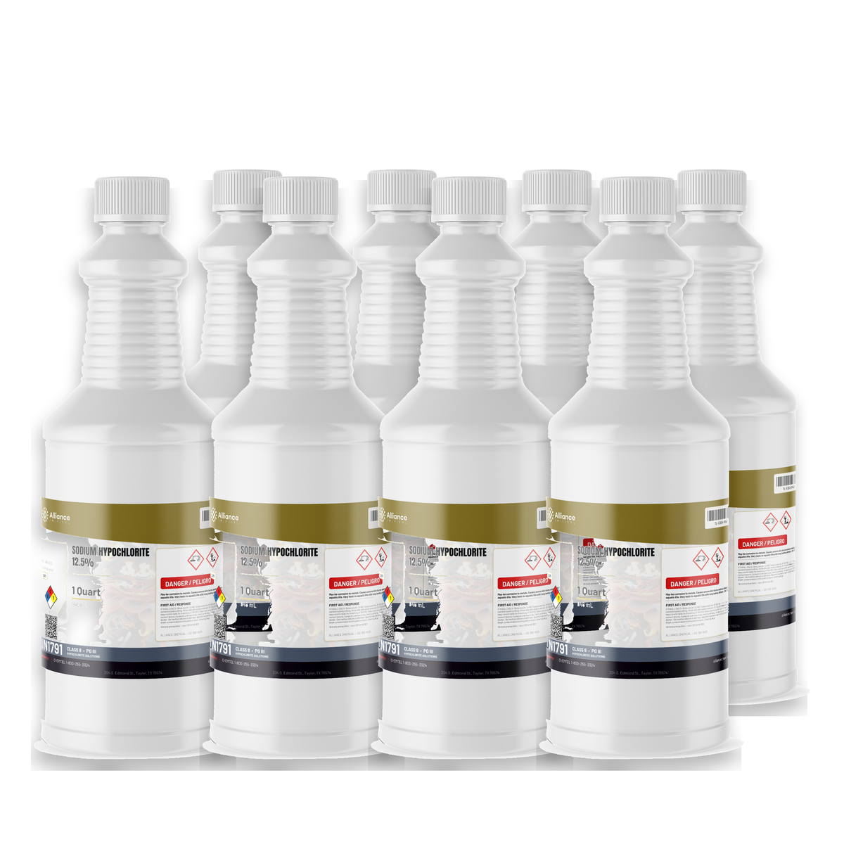Sodium Hypochlorite 12.5% Water Treatment Grade in eight 1-quart bottles from Alliance Chemical