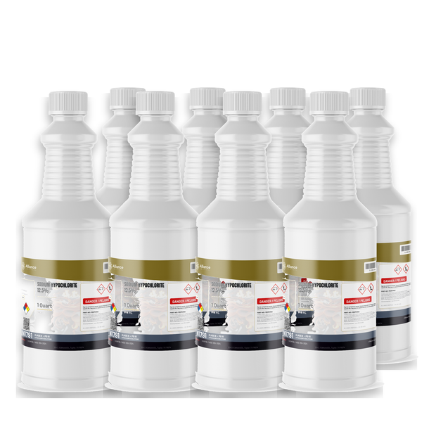Sodium Hypochlorite 12.5% Water Treatment Grade in eight 1-quart bottles from Alliance Chemical