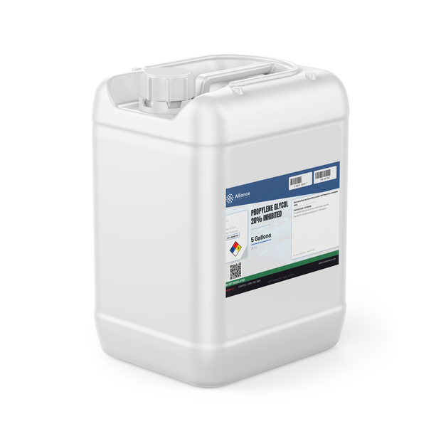 Propylene Glycol 20% Inhibited in a 5-gallon white plastic jerry can, Alliance Chemical