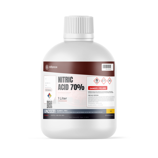 Nitric Acid 70% Technical Grade in a 1-liter white plastic bottle, Alliance Chemical