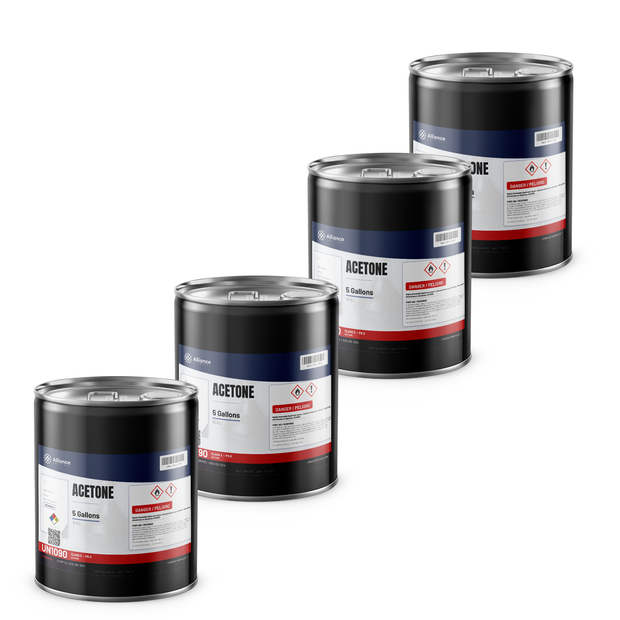 Acetone Technical Grade in four 5-gallon metal pails for resin thinning and metal degreasing, Alliance Chemical
