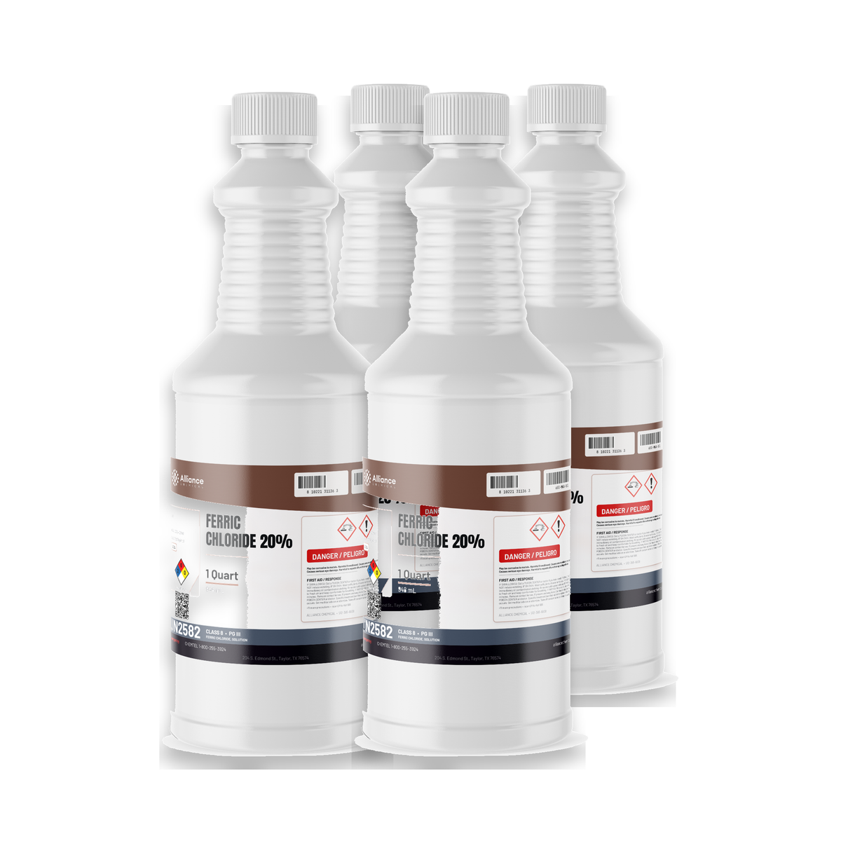 Ferric Chloride 20% Technical Grade, four 1-quart plastic bottles, Alliance Chemical
