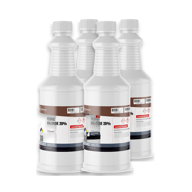 Ferric Chloride 20% Technical Grade in four 1-quart plastic bottles, Alliance Chemical